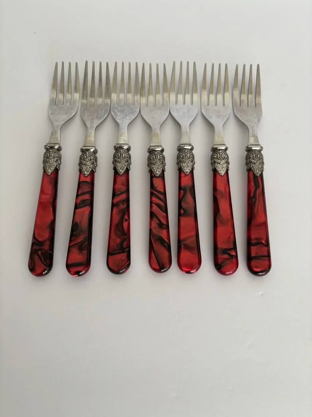 Vtg Forks Stainless 18/8 Flatware Red Mother Pearl Pattern 7 Pcs Preowned
